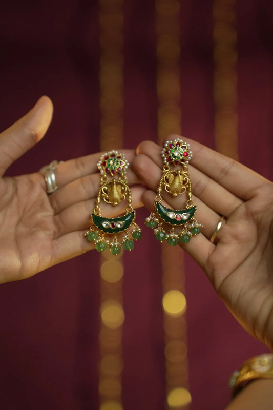 P925 Silver Green Moon Temple Danglers