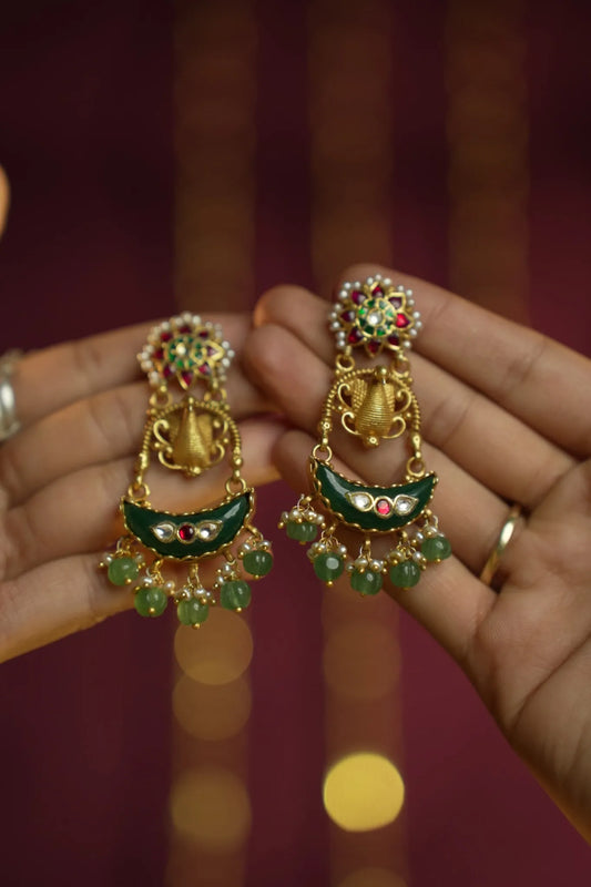 P925 Silver Green Moon Temple Danglers
