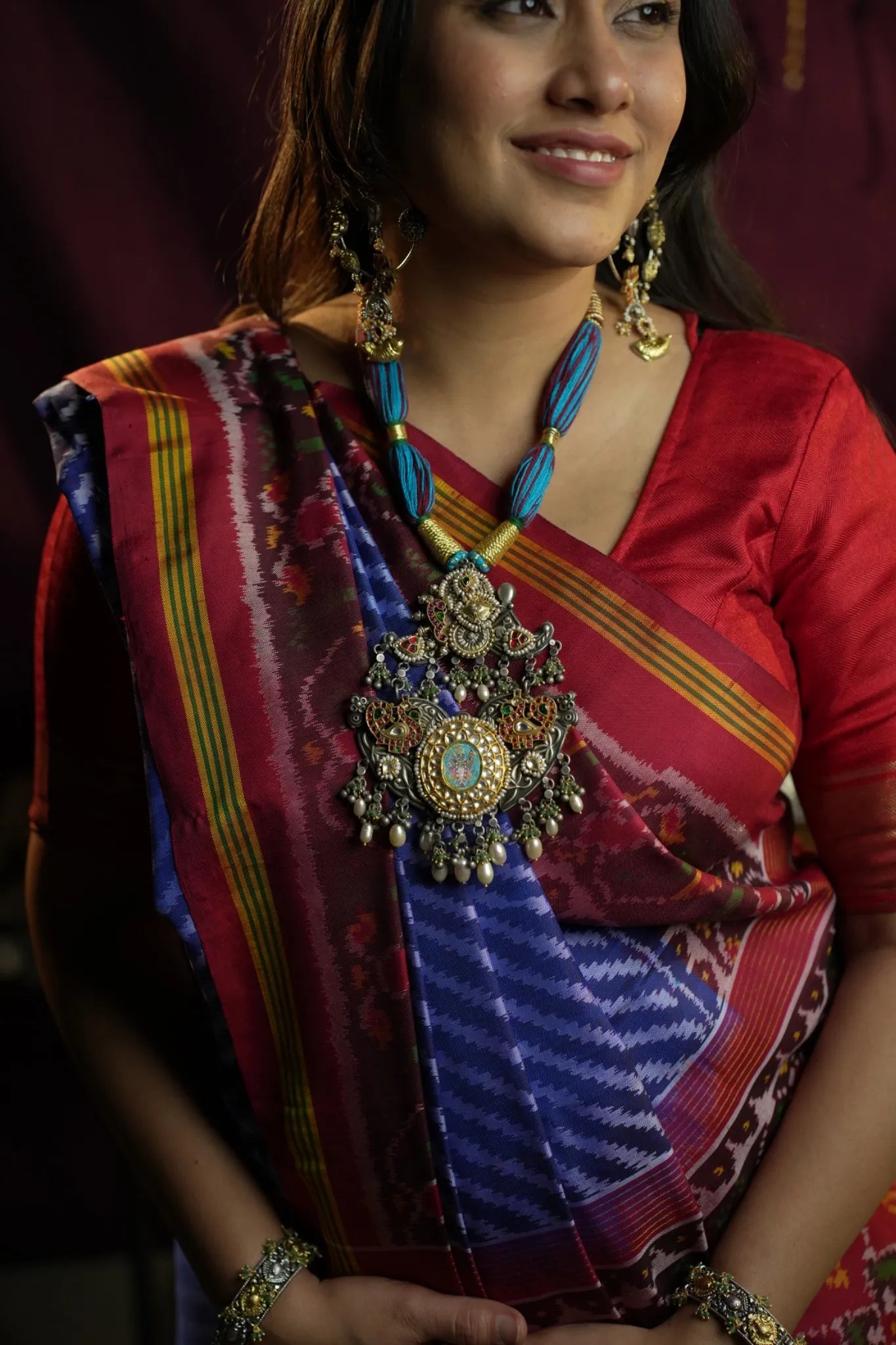 P925 Silver Pichwai Shrinathji Pendant Necklace