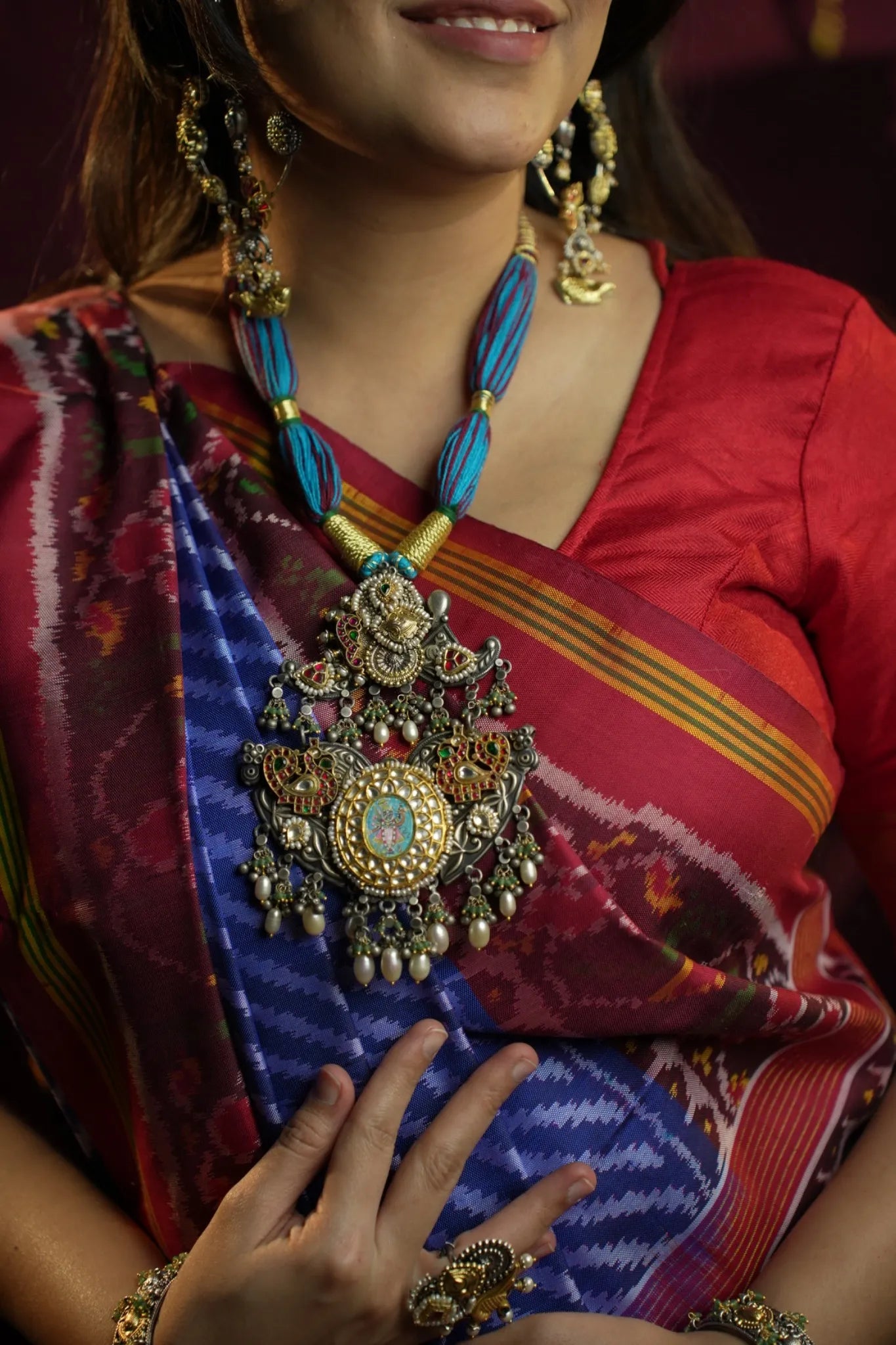 P925 Silver Pichwai Shrinathji Pendant Necklace