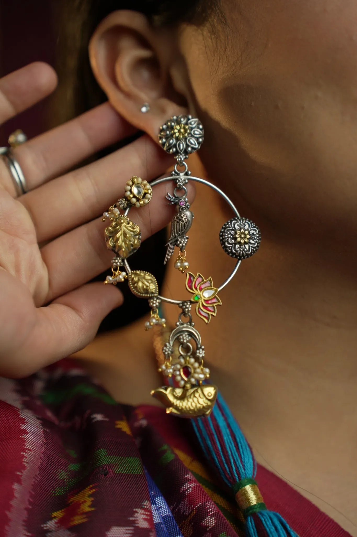P925 Silver Parrot, Fish & Lotus Story Hoops