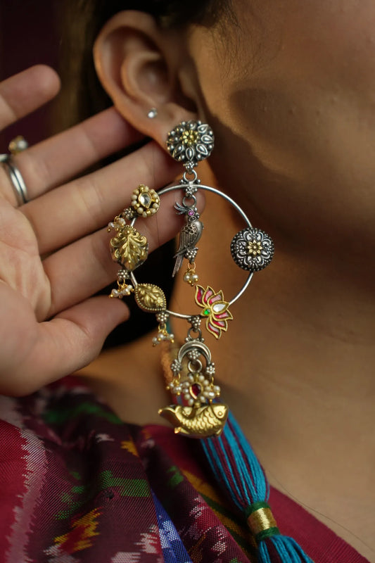 P925 Silver Parrot, Fish & Lotus Story Hoops