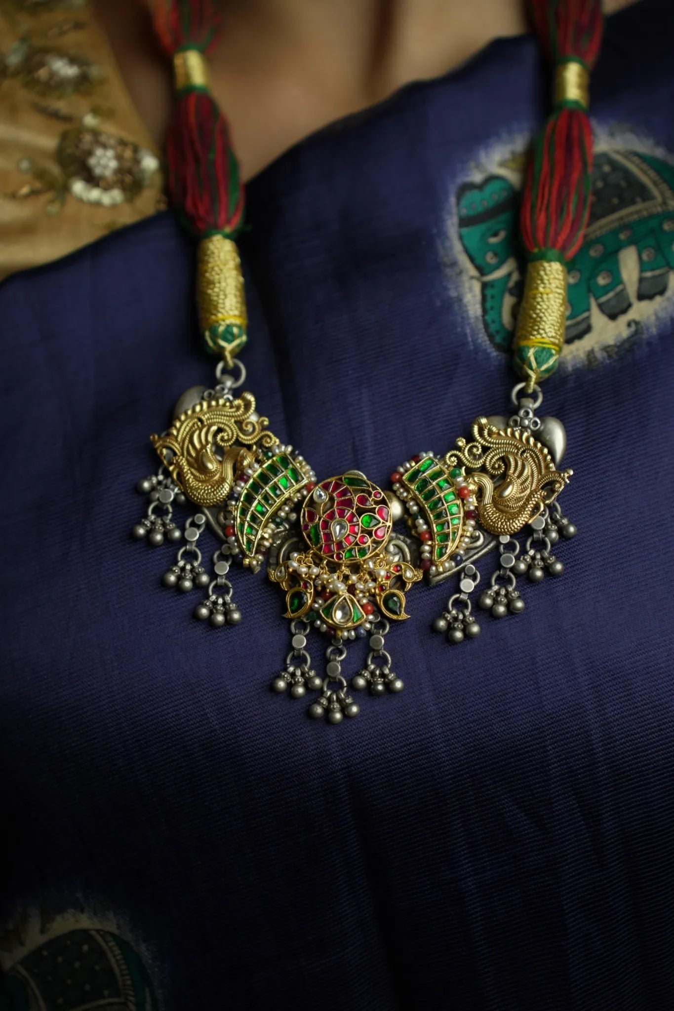 P925 Silver Peacock Glory Antique Thread Necklace