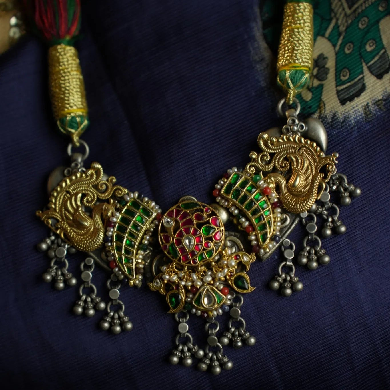 P925 Silver Peacock Glory Antique Thread Necklace