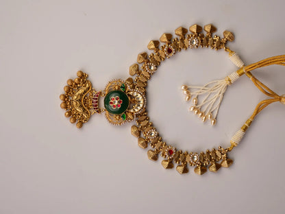 P925 Silver Antique Gold Temple Necklace With Green Pendant