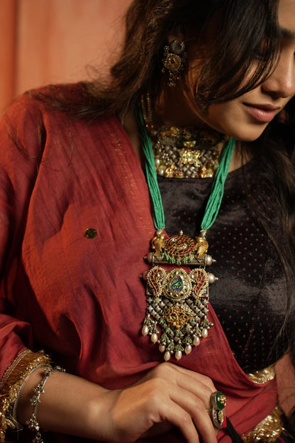 P925 Silver Shop Regal Handcrafted Temple Necklace with Green Beads & Dual Tone Pendant Design.