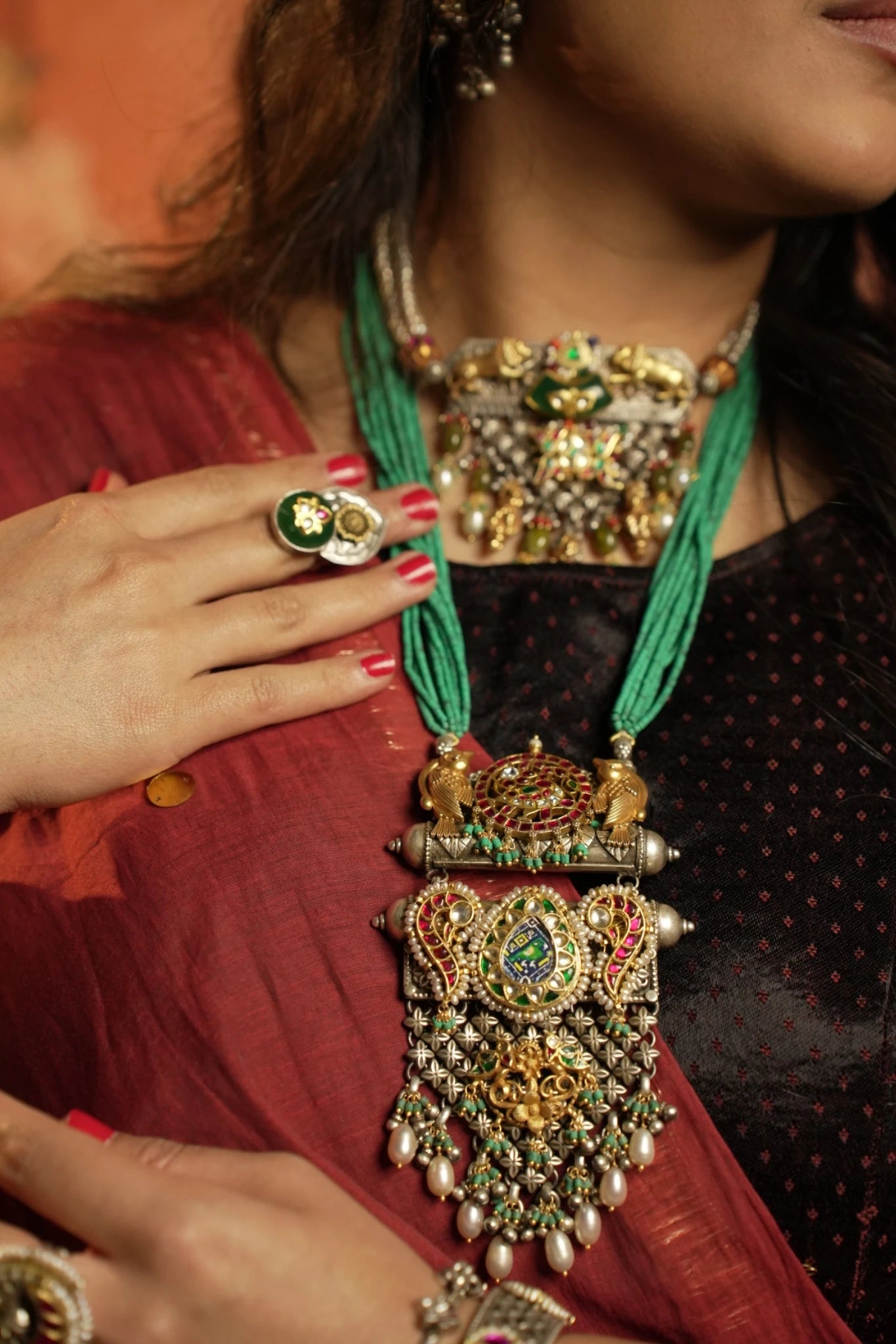 P925 Silver Shop Regal Handcrafted Temple Necklace with Green Beads & Dual Tone Pendant Design.