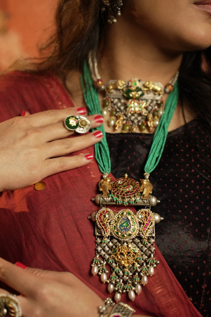 P925 Silver Shop Regal Handcrafted Temple Necklace with Green Beads & Dual Tone Pendant Design.