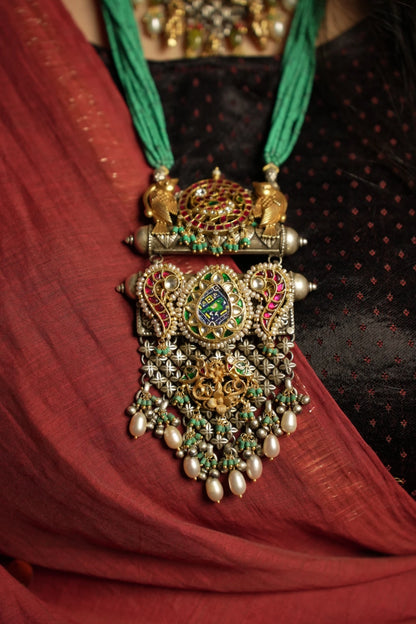 P925 Silver Shop Regal Handcrafted Temple Necklace with Green Beads & Dual Tone Pendant Design.