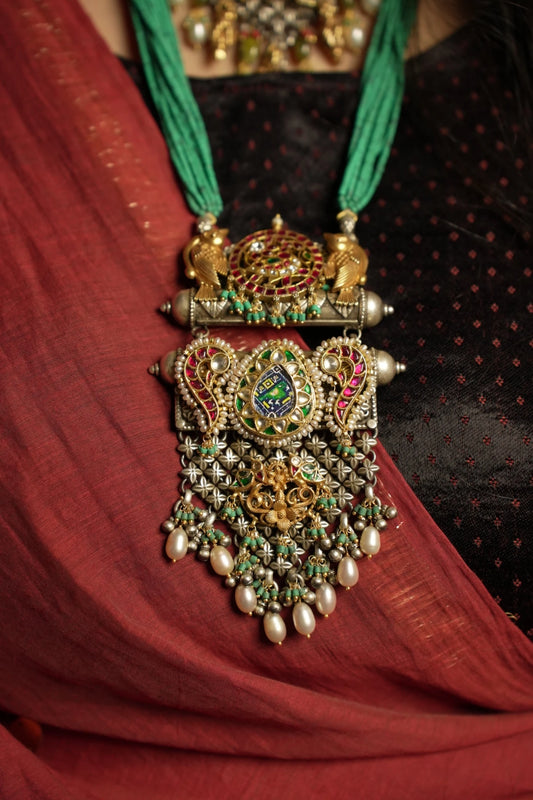 P925 Silver Shop Regal Handcrafted Temple Necklace with Green Beads & Dual Tone Pendant Design.