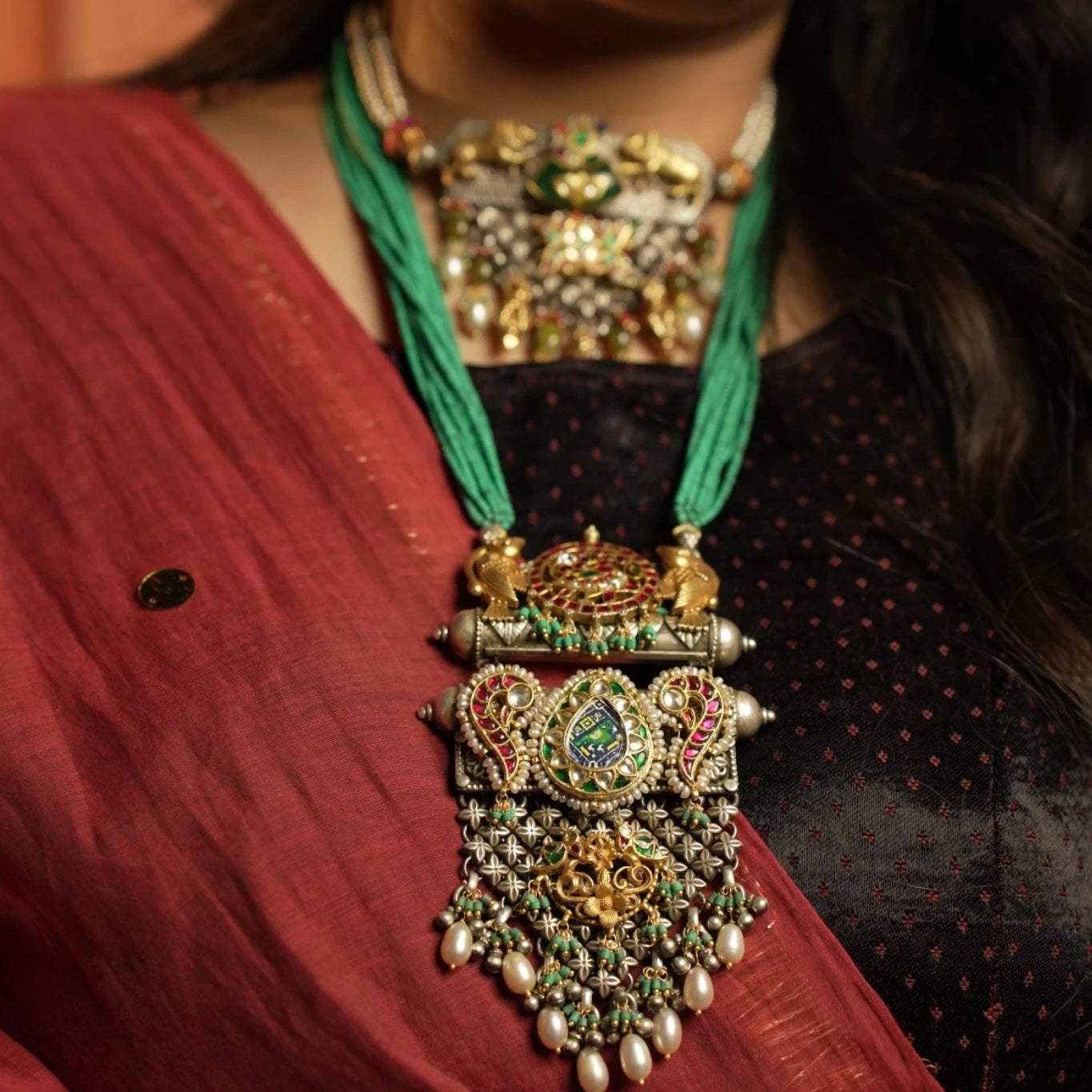P925 Silver Shop Regal Handcrafted Temple Necklace with Green Beads & Dual Tone Pendant Design.