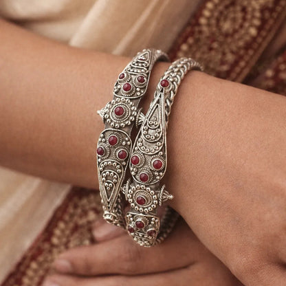 P925 Silver Ethnic Statement Silver Garnet Bangles