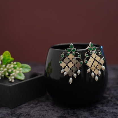 P925 wonder green & white pearls antique earrings