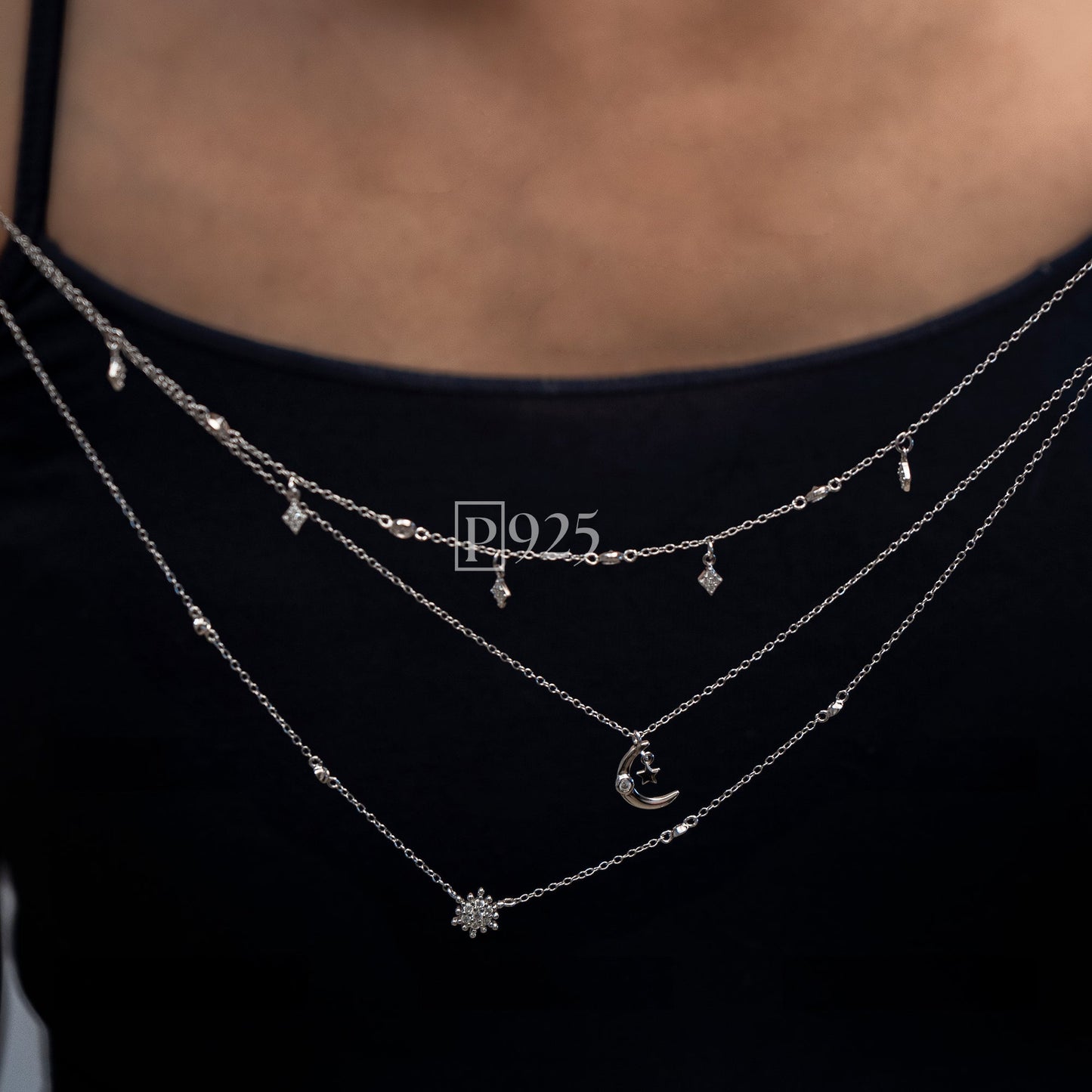 P925 silver layered charm necklace