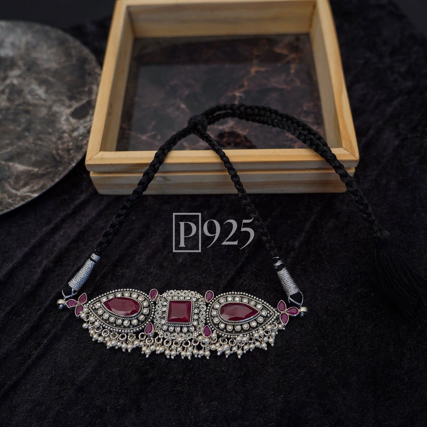 P925 Oxidised Silver Neckpiece with Red Stone