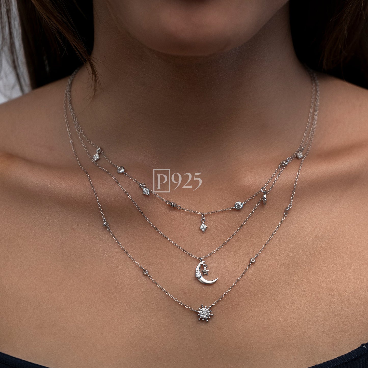 P925 silver layered charm necklace