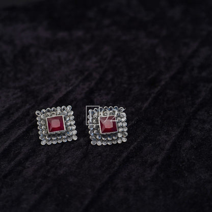 P925 Oxidised Silver Studs with Red Stone