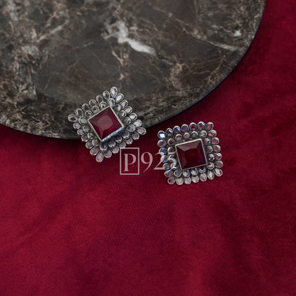 P925 Oxidised Silver Studs with Red Stone