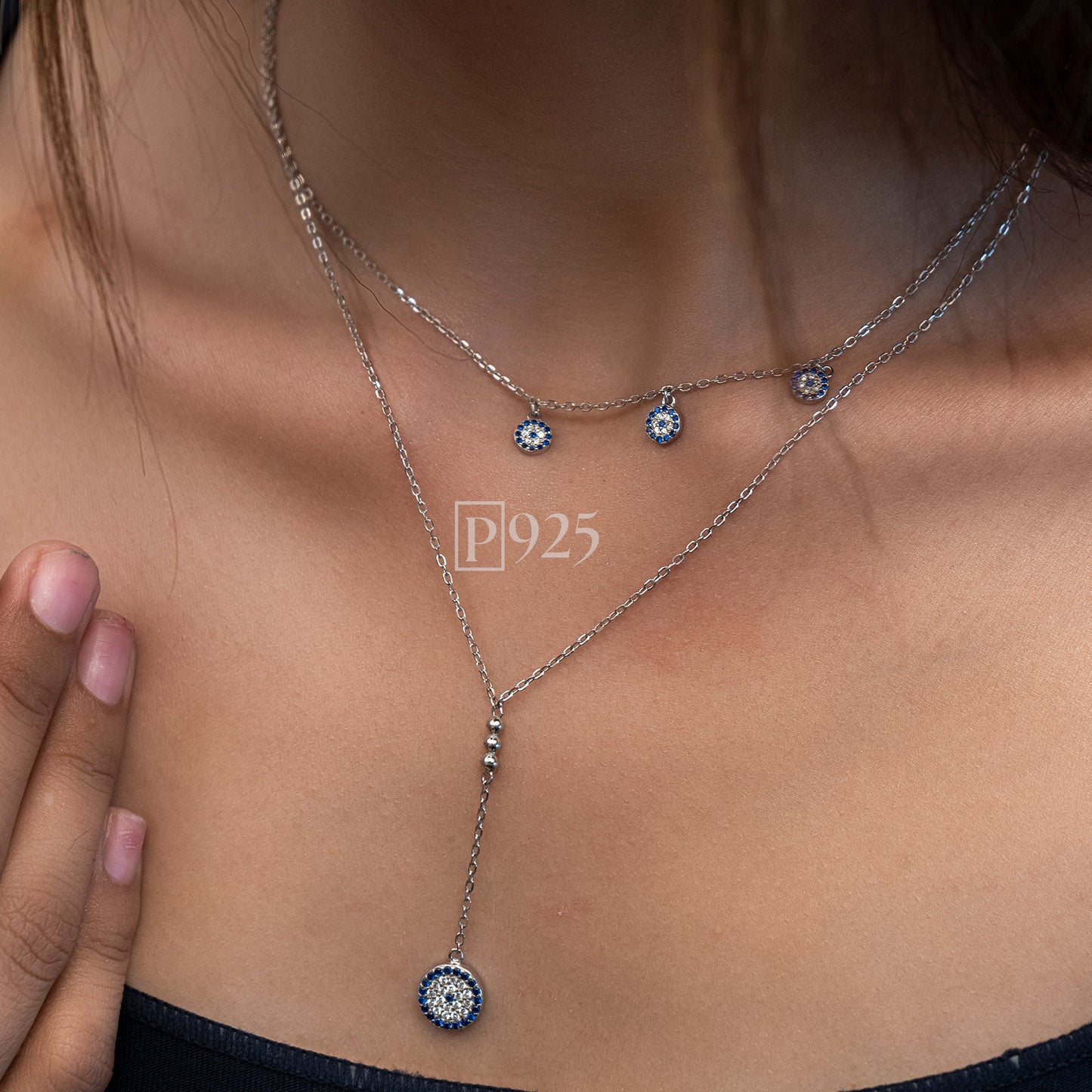 P925 Silver evil eye layered necklace