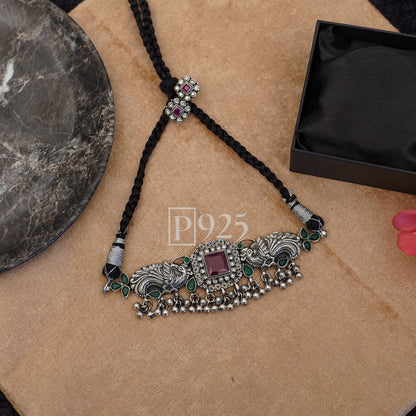 P925 Silver Choker with Peacock Design & Matching Earrings