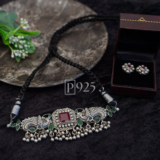 P925 Silver Choker with Peacock Design & Matching Earrings