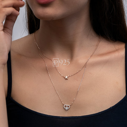 P925 silver layered Rose Gold charm necklace