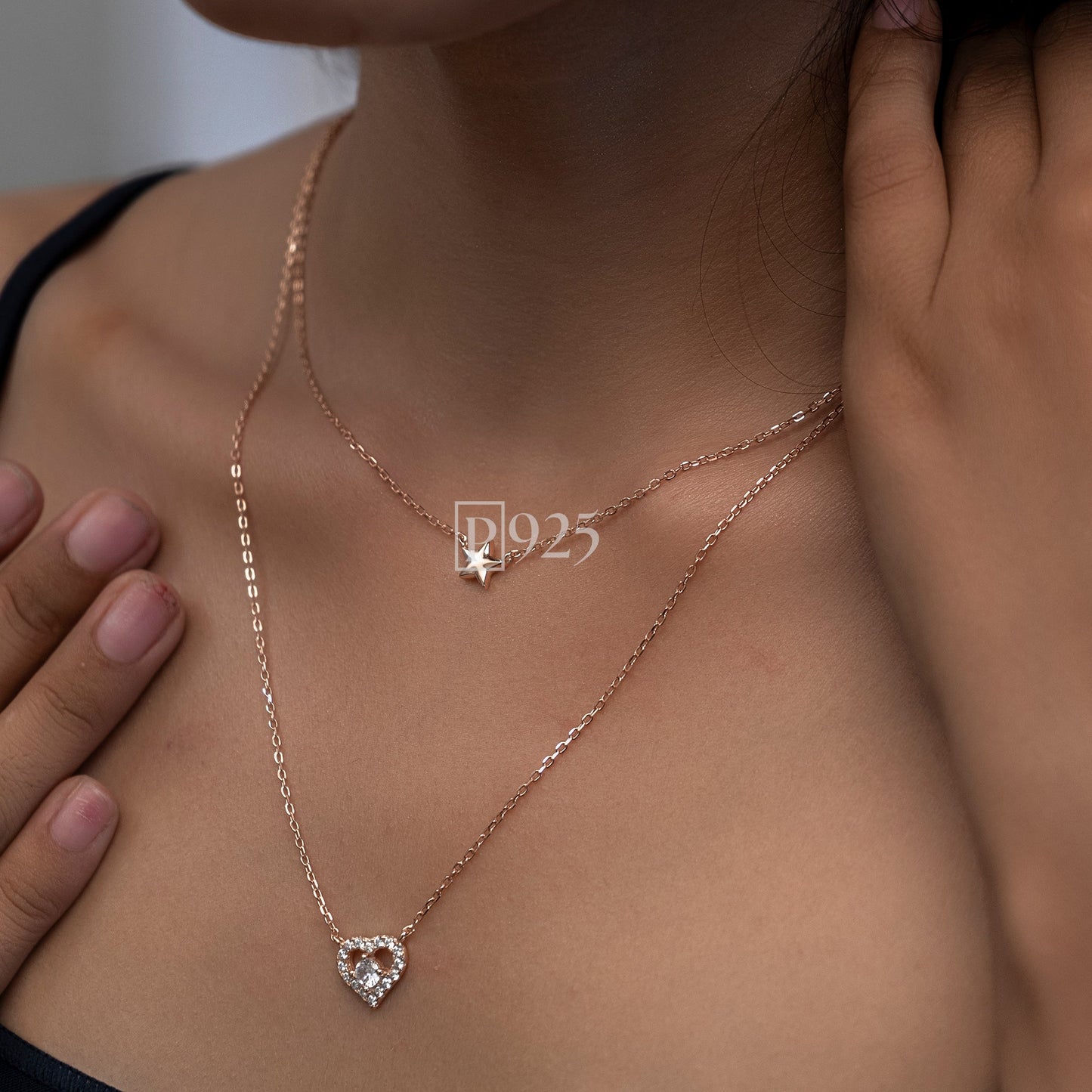 P925 silver layered Rose Gold charm necklace