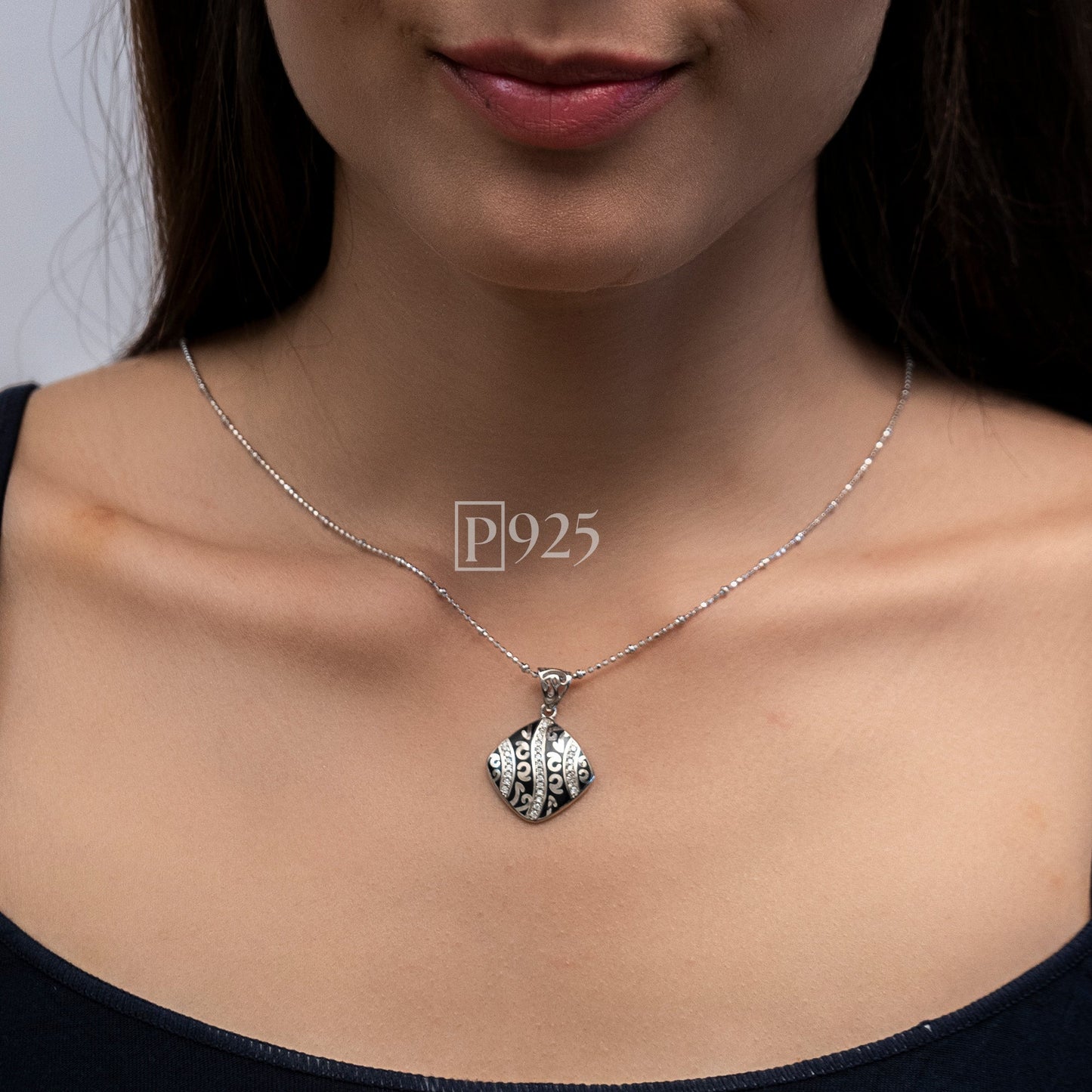 P925 Silver CZ diamond pendant set with minakari