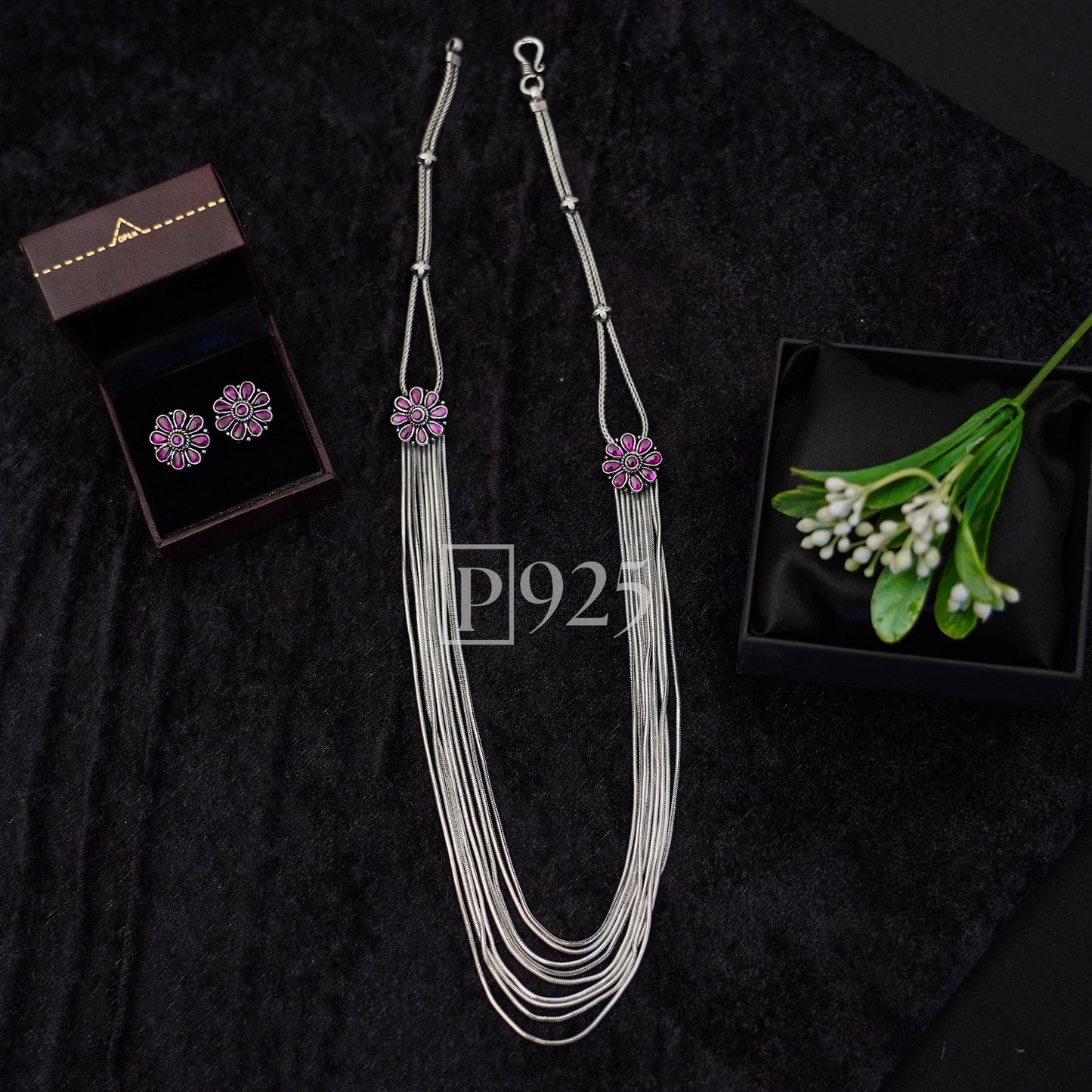 P925 Pink Floral Layered Neckpiece With Earrings