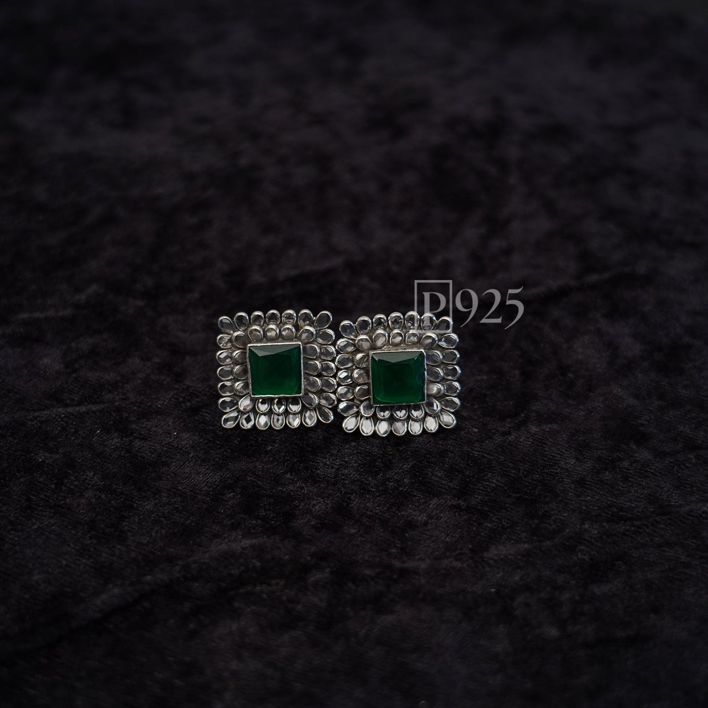 P925 Oxidised Silver Studs With Green Stone