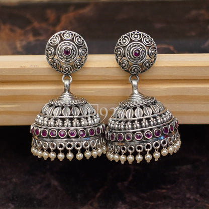 P925 Traditional Jumka Earrings With Rani Pink Stones