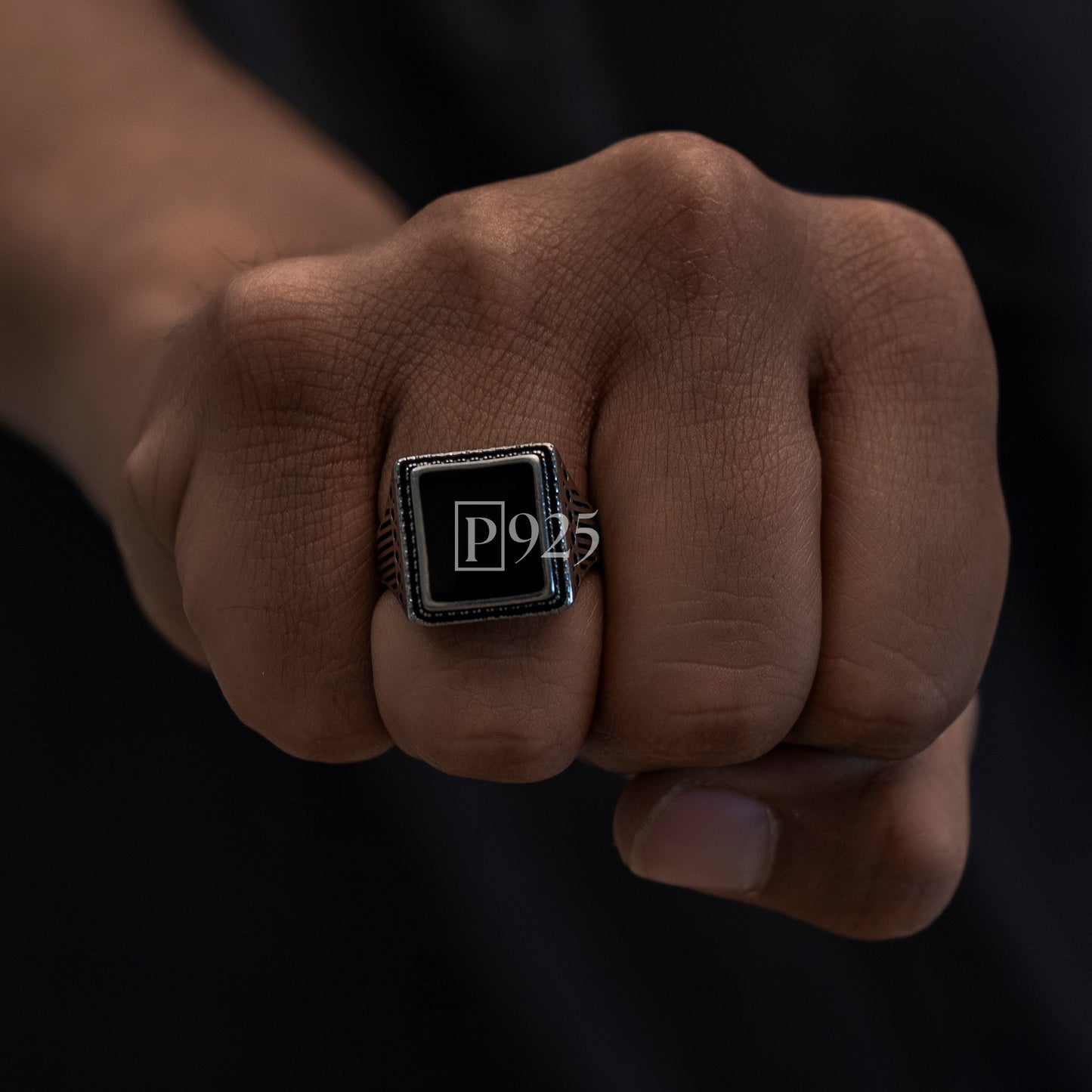 P925 silver Men's centre black ring