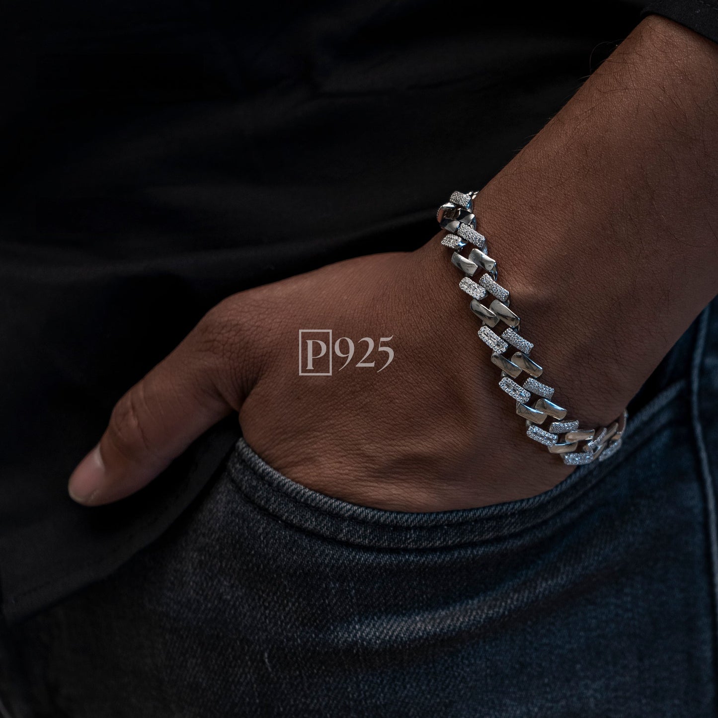 P925 silver cuban link cz diamond men bracelet