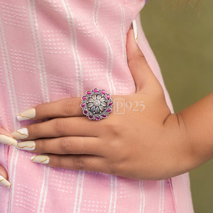 P925 Silver Blooming Ruby Flower Ring 