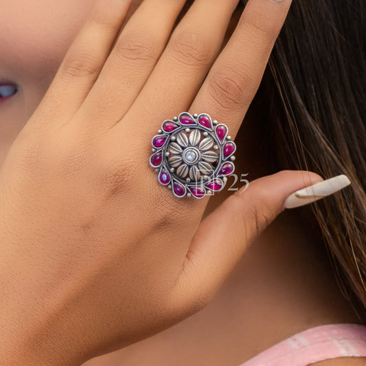 P925 Silver Blooming Ruby Flower Ring 