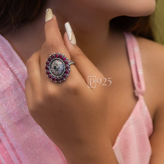 P925 Elegance In  Silver Ruby Flower Ring  