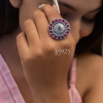 P925 Elegance In  Silver Ruby Flower Ring  