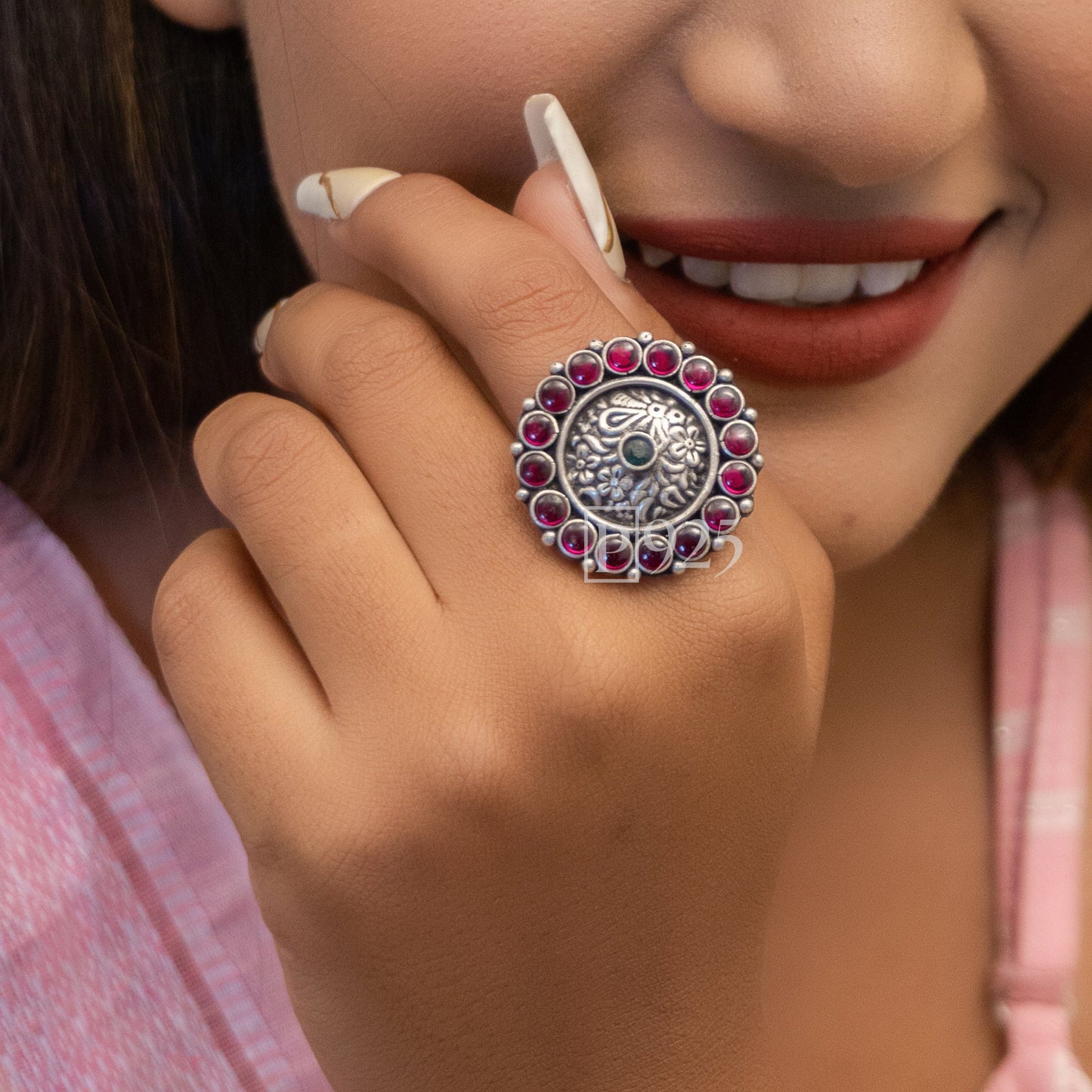 P925 Elegance In  Silver Ruby Flower Ring  