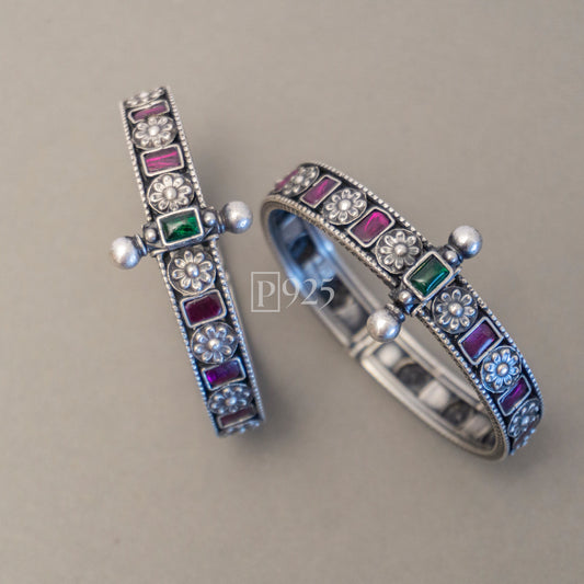 P925 Silver Floral Ruby Emerald Bangles