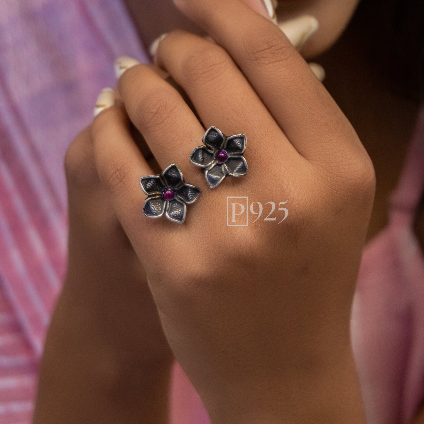 P925 Pure Silver Oxidised Dual Flower Ring 