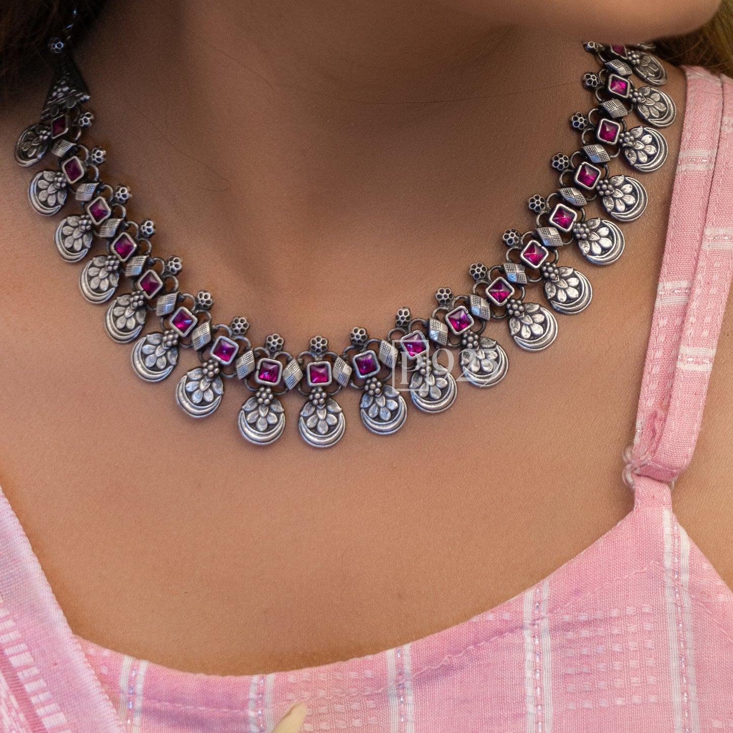 P925 Timeless Ruby Stones Temple Type Necklace With Earrings