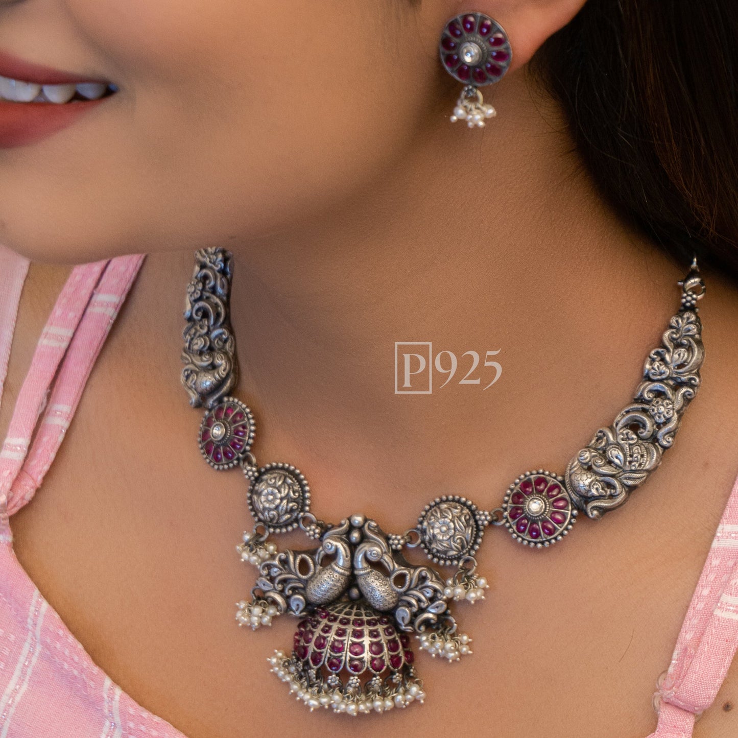 P925 Silver Peacock Enduring Beauty In South Kundan Necklace With Earrings