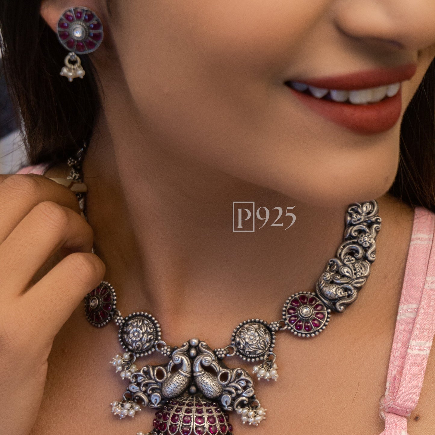 P925 Silver Peacock Enduring Beauty In South Kundan Necklace With Earrings