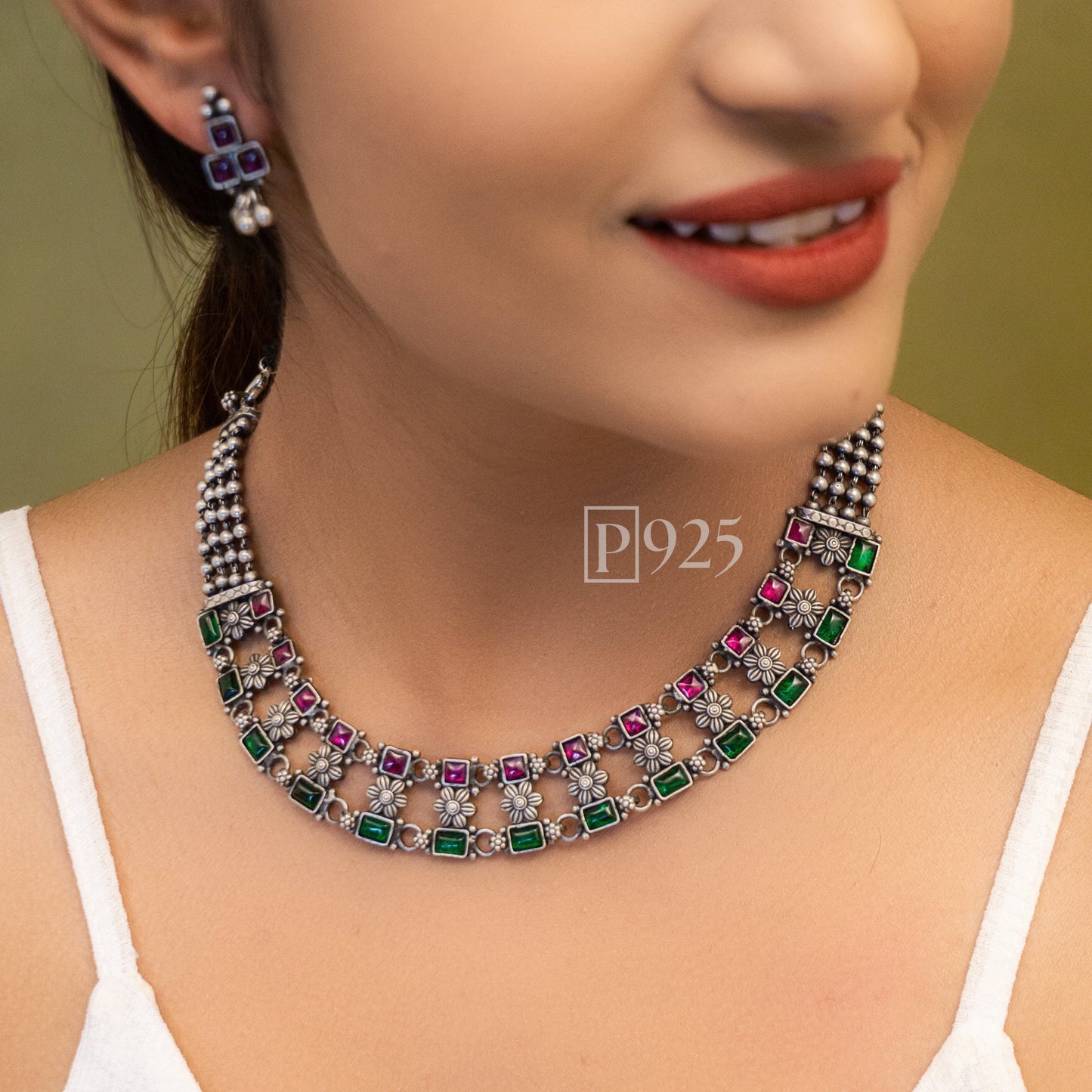 P925 Stunning Ruby And Emerald Silver Temple Collection Neck Piece