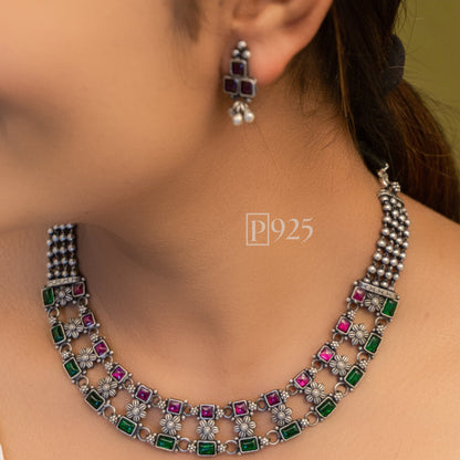 P925 Stunning Ruby And Emerald Silver Temple Collection Neck Piece