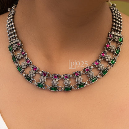 P925 Stunning Ruby And Emerald Silver Temple Collection Neck Piece