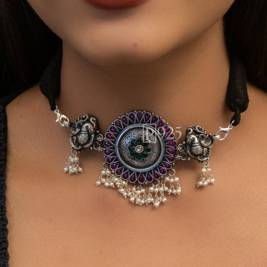 P925 Silver Ruby Motif Choker Embossed With Peacock 