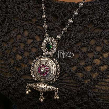 P925 This Temple Long Necklace With Antique Carved Balls Chain And Earrings.