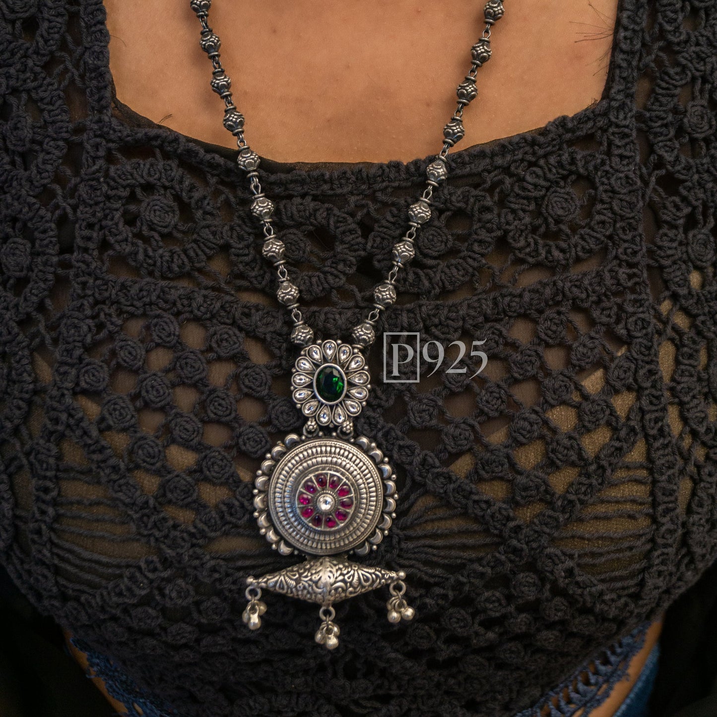 P925 This Temple Long Necklace With Antique Carved Balls Chain And Earrings.