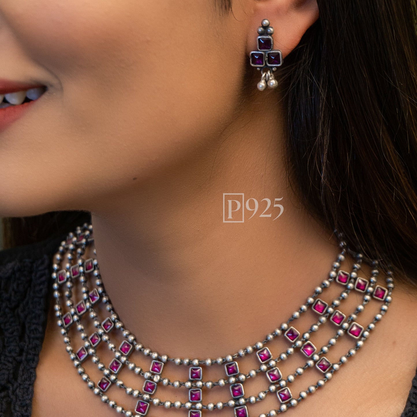 P925 Multilayered Silver Ball Neck Piece And Earrings With Ruby Stones Adding Fusion.